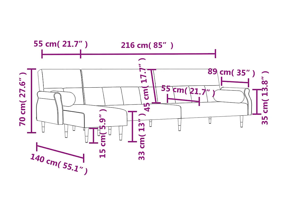 Slaapbank L-vormig 271x140x70 cm fluweel zwart