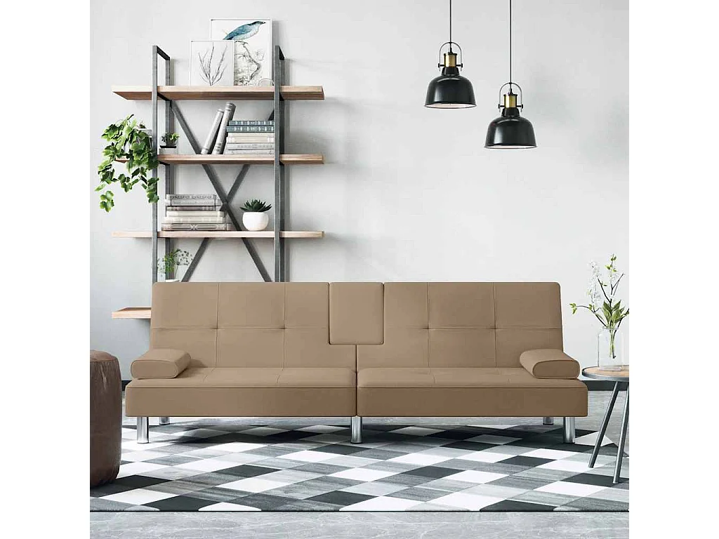 Divano Letto con Portabicchieri in Similpelle Cappuccino