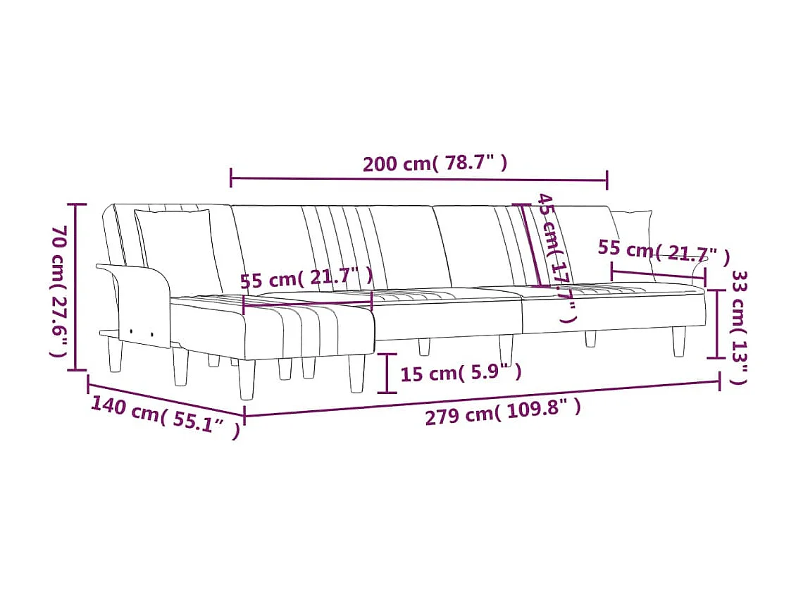 Canapé-lit en forme de L gris clair 279x140x70 cm tissu