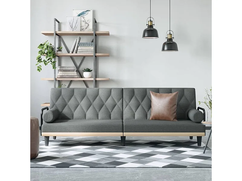 Sofá-cama com apoio de braços tecido cinzento-escuro