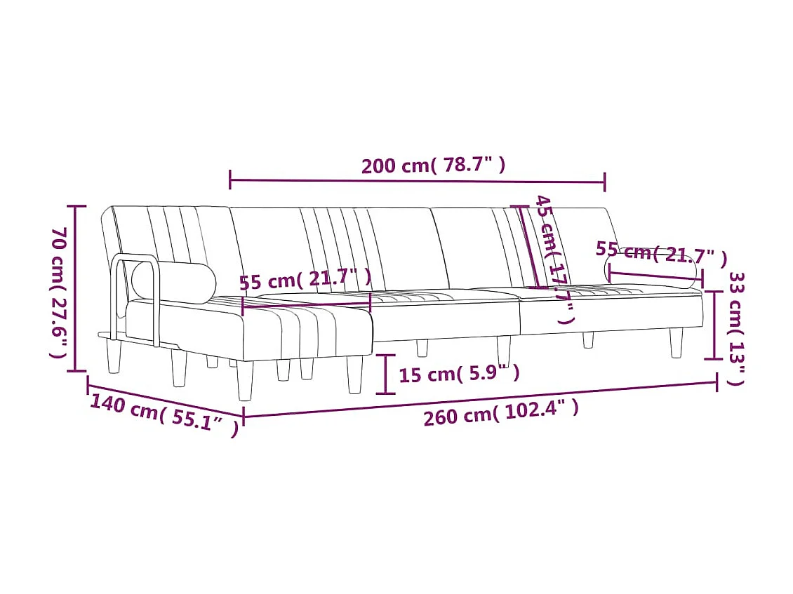Canapé-lit en forme de L gris 260x140x70 cm velours
