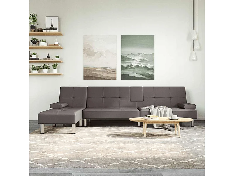 Slaapbank L-vormig 255x140x70 cm kunstleer grijs