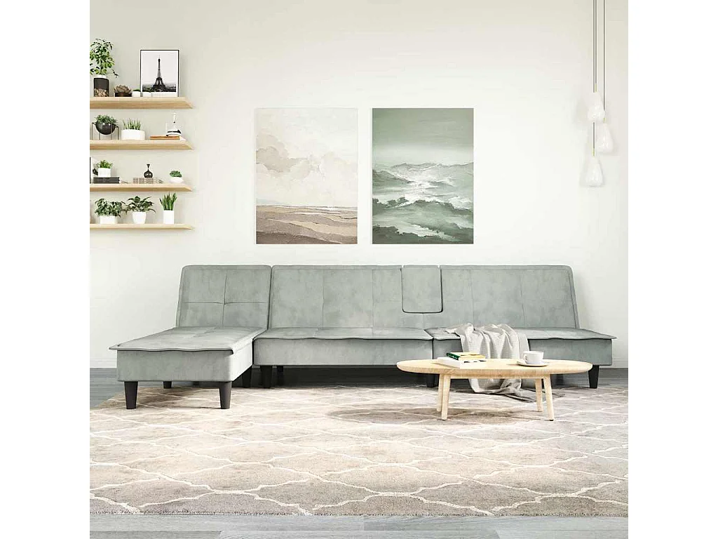 Sofá-cama em forma de L 255x140x70 cm veludo cinzento-claro