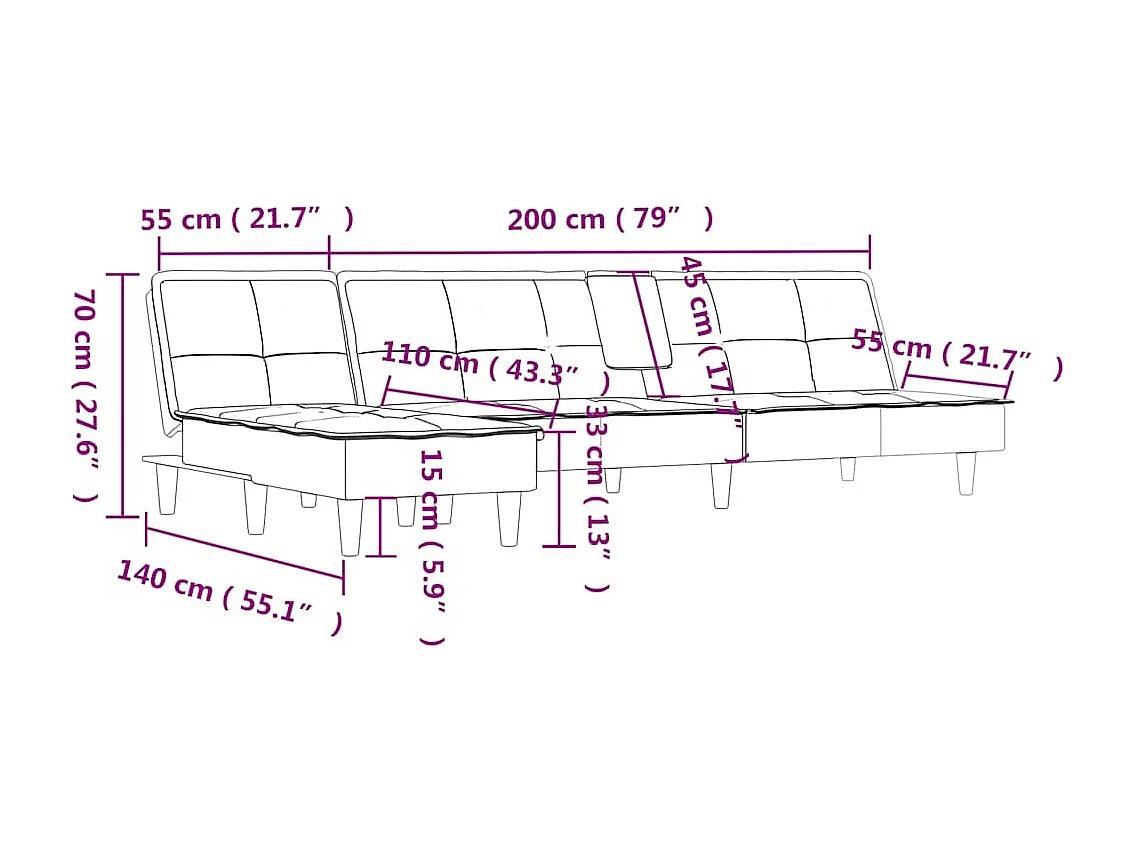 Sofá-cama em forma de L 255x140x70 cm veludo cinzento-claro