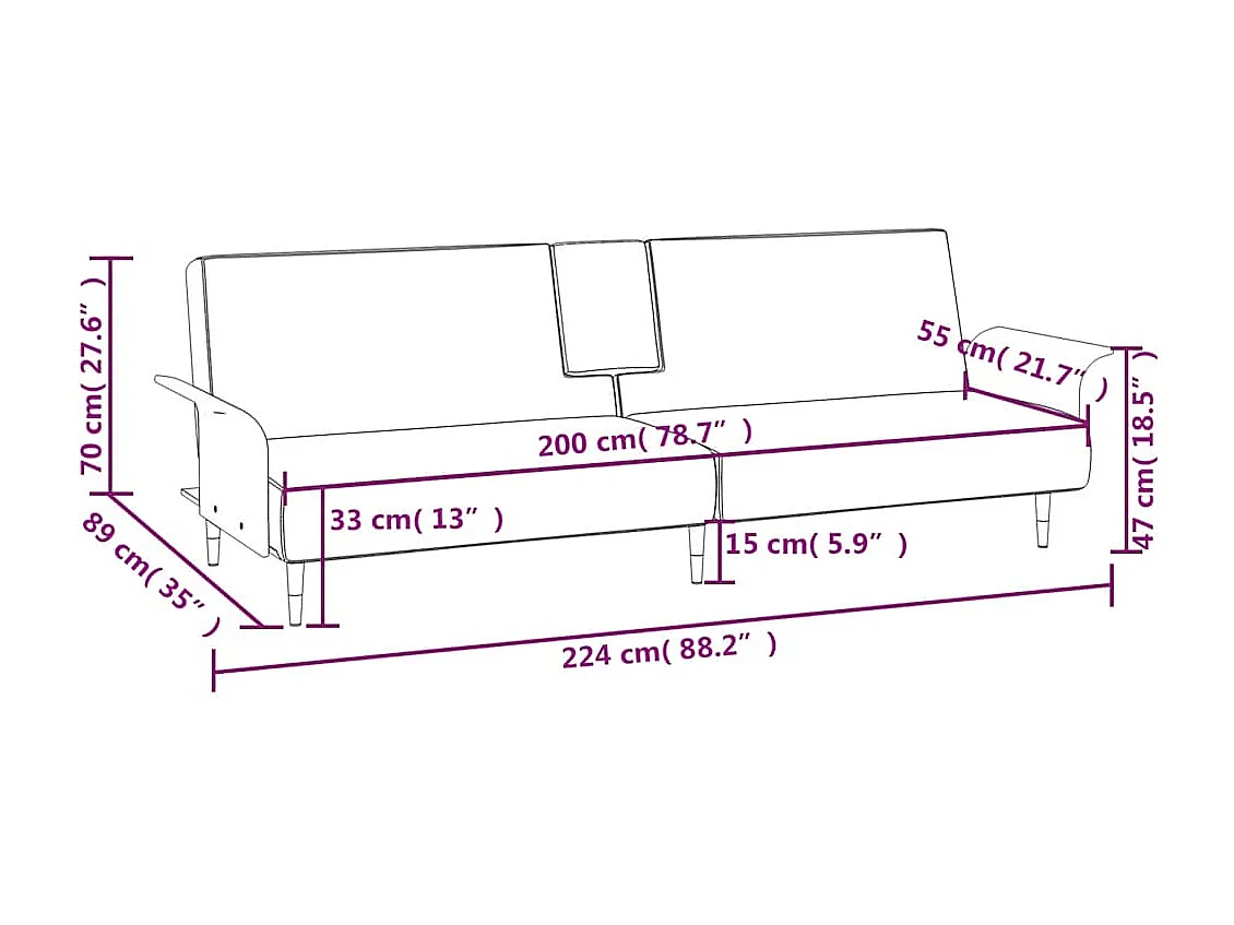 Divano Letto con Portabicchieri in Velluto Grigio Chiaro