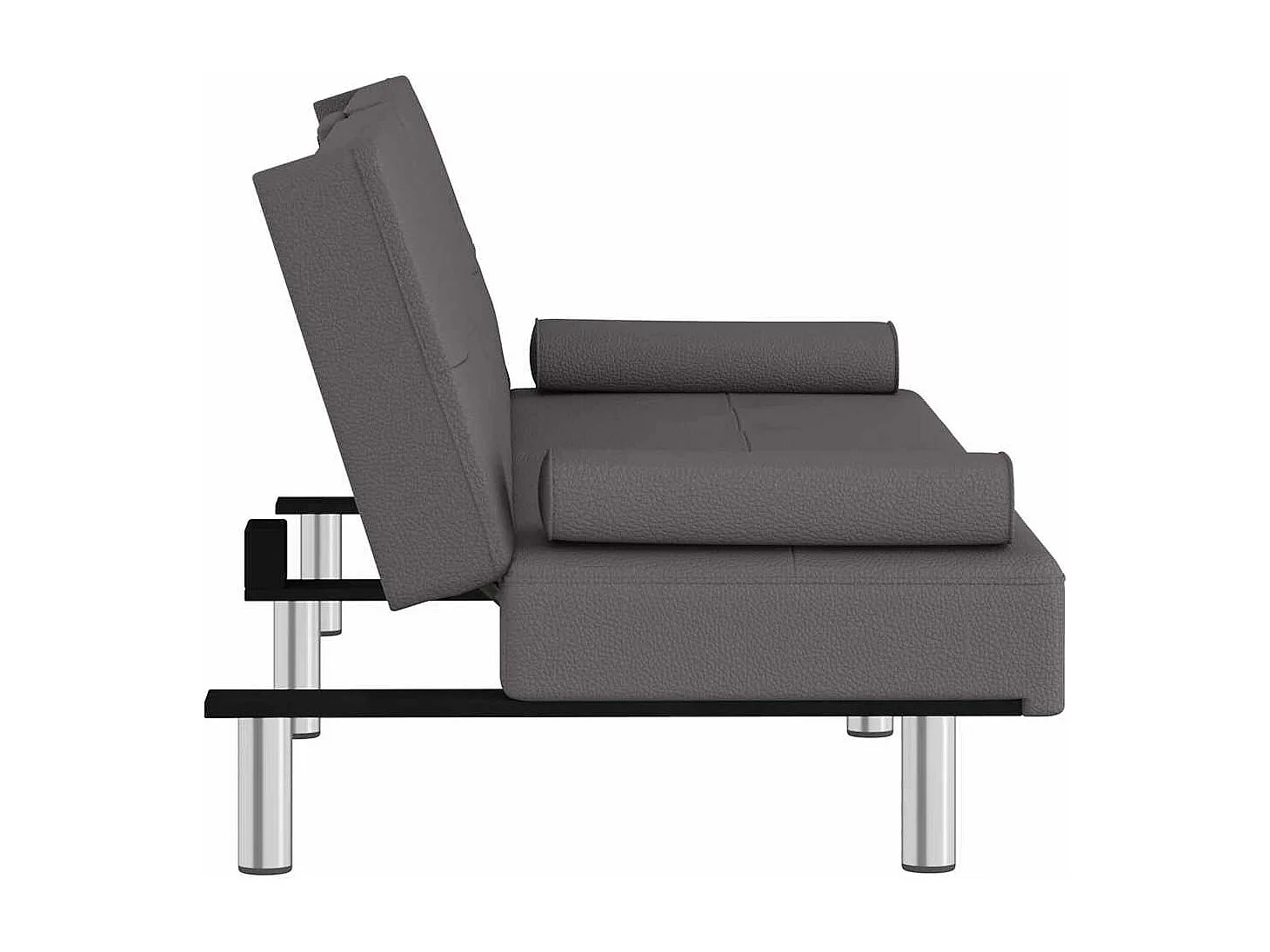 Sofá-cama com suporte para copos couro artificial cinzento