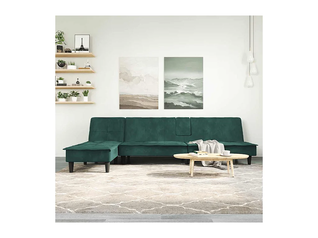 Canapé-lit en forme de L vert foncé 255x140x70 cm velours