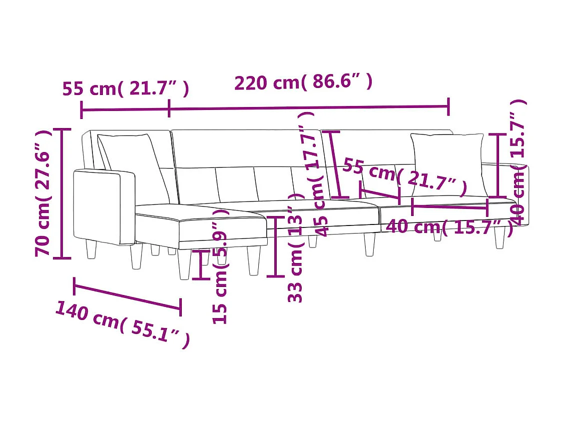 Slaapbank L-vormig 275x140x70 cm stof zwart