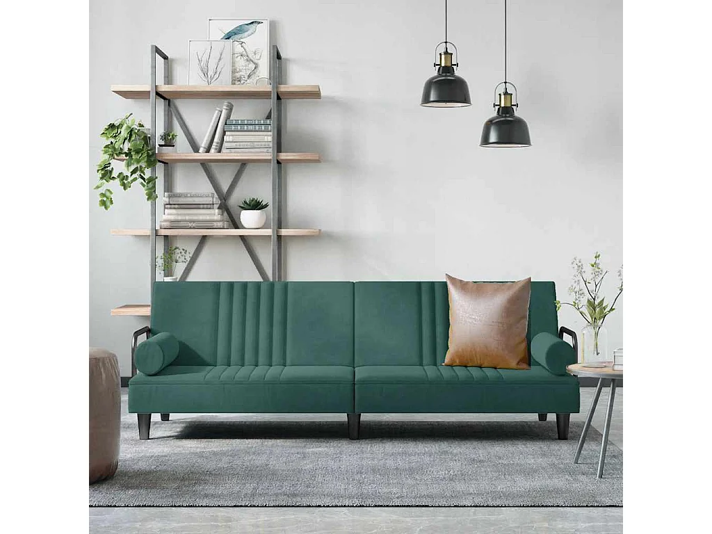 Sofá-cama com apoio de braços veludo verde-escuro
