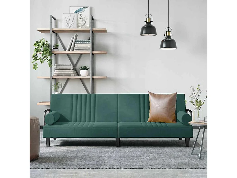 Sofá-cama com apoio de braços veludo verde-escuro