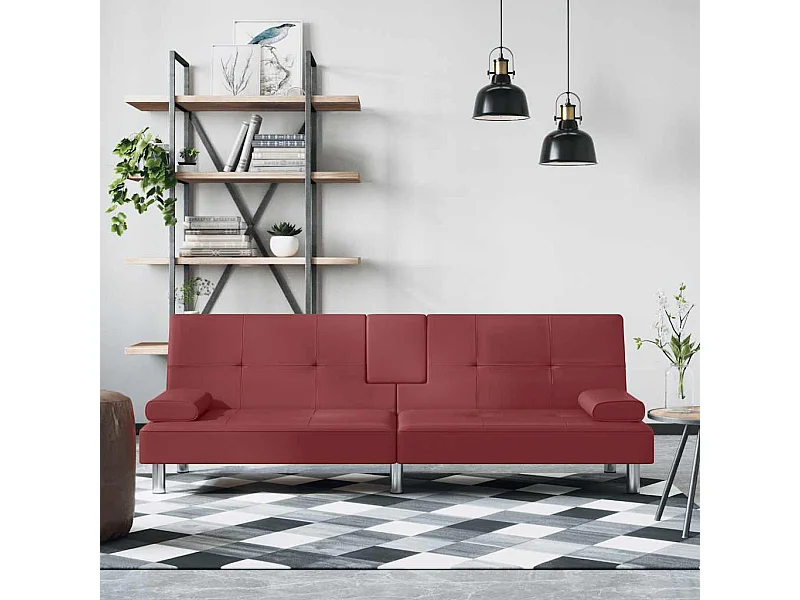 Canapé-lit avec porte-gobelets rouge bordeaux similicuir