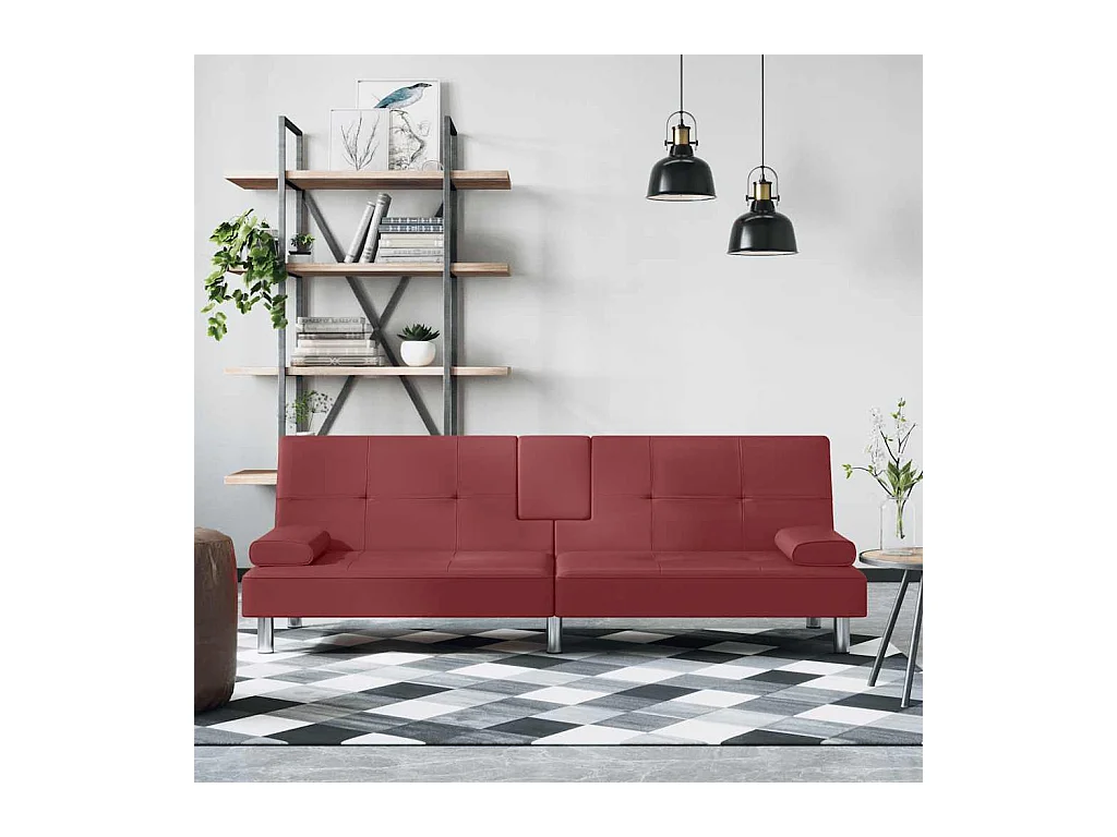 Canapé-lit avec porte-gobelets rouge bordeaux similicuir