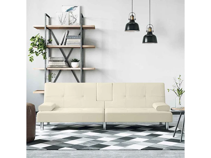 Sofá cama con portavasos cuero sintético color crema