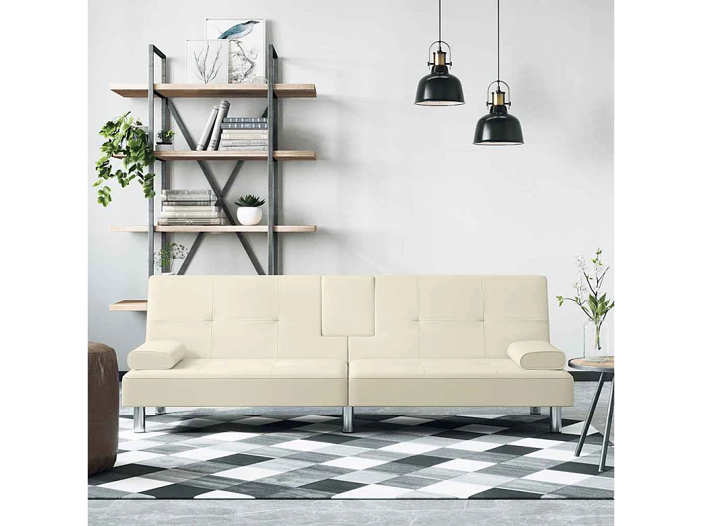 Schlafsofa mit Getränkehaltern Creme Kunstleder
