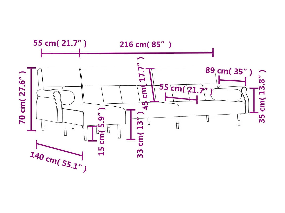 Slaapbank L-vormig 271x140x70 cm fluweel geel