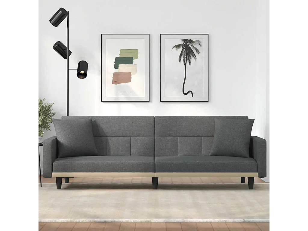 Sofá-cama com almofadões tecido cinzento-escuro