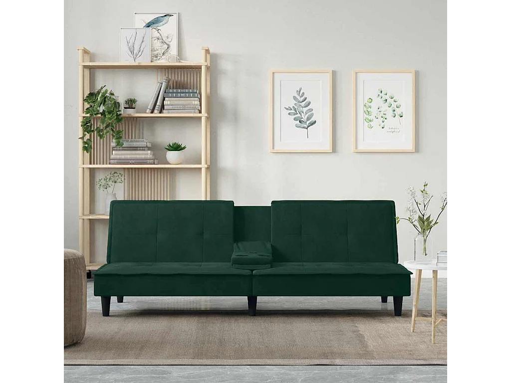 Divano Letto con Portabicchieri in Velluto Verde Scuro