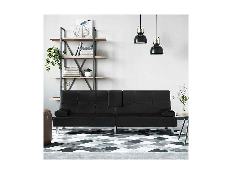 Schlafsofa mit Getränkehaltern Schwarz Kunstleder