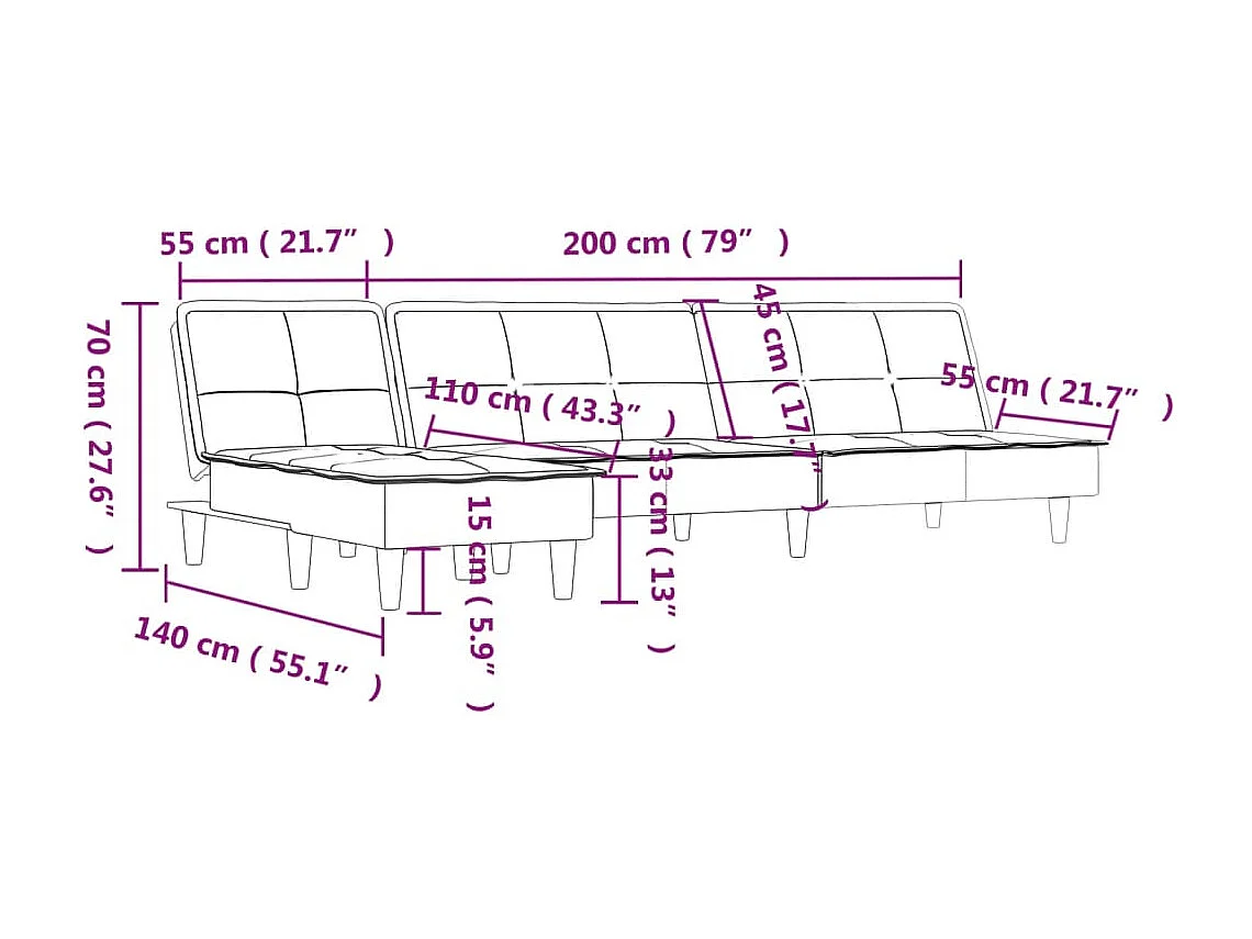 Sofá-cama em forma de L 255x140x70 cm tecido cinzento-escuro