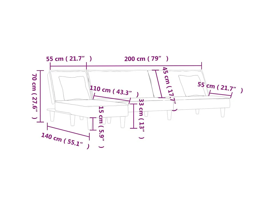 Schlafsofa in L-Form Schwarz 255x140x70 cm Samt