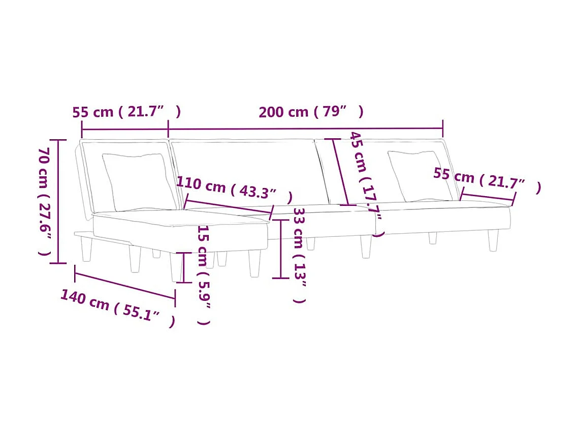 Slaapbank L-vormig 255x140x70 cm fluweel zwart