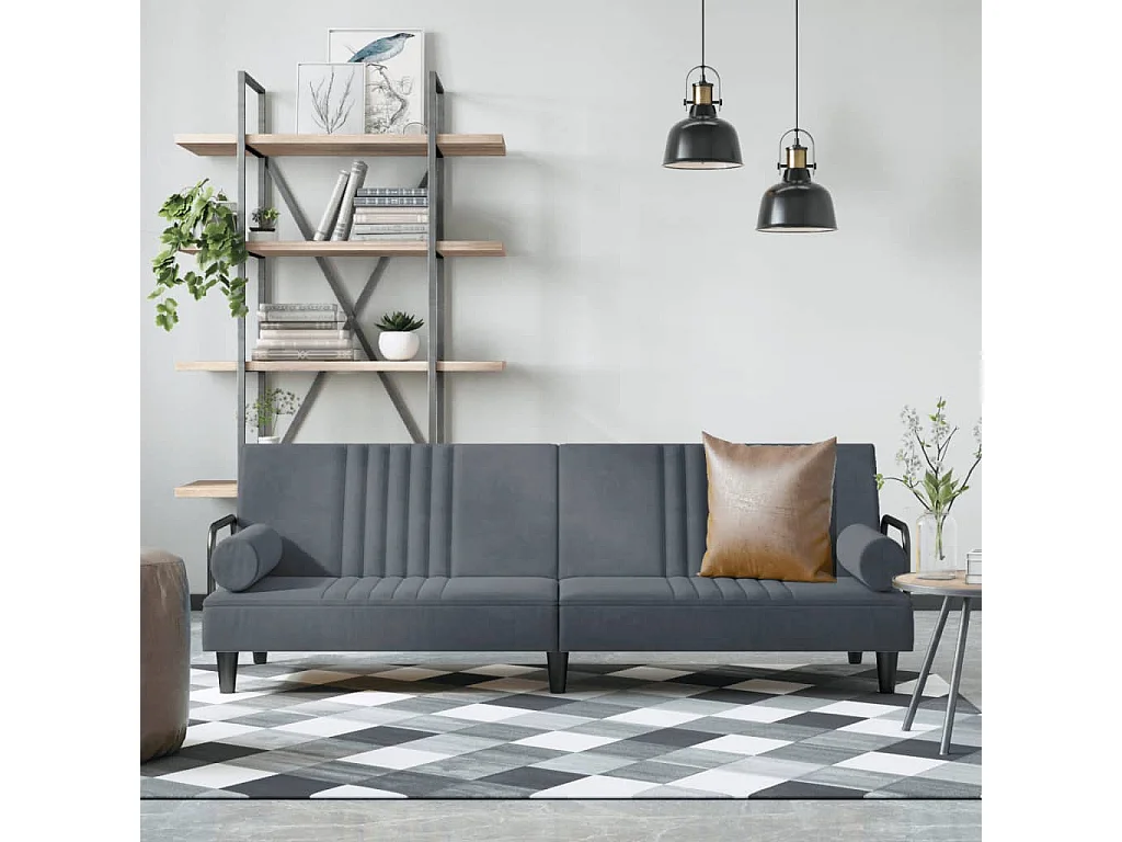 Sofá-cama com apoio de braços veludo cinzento-escuro