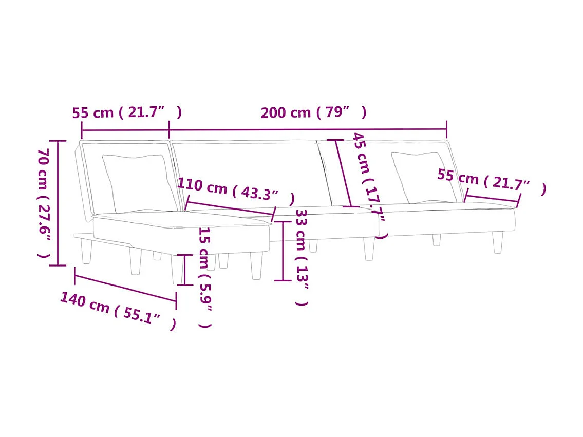 Sofá-cama em forma de L 255x140x70 cm tecido cinzento-escuro