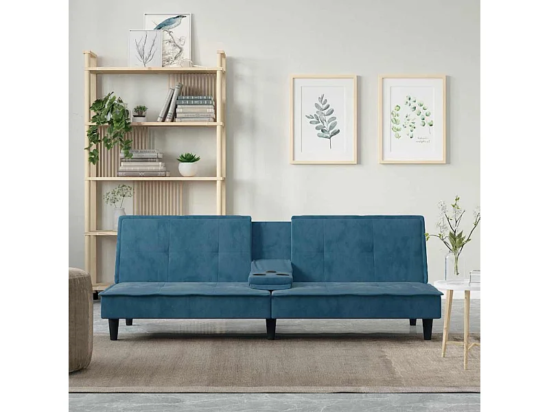 Sofá-cama com suporte para copos veludo azul