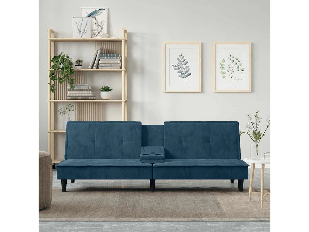 Canapé-lit avec porte-gobelets bleu velours