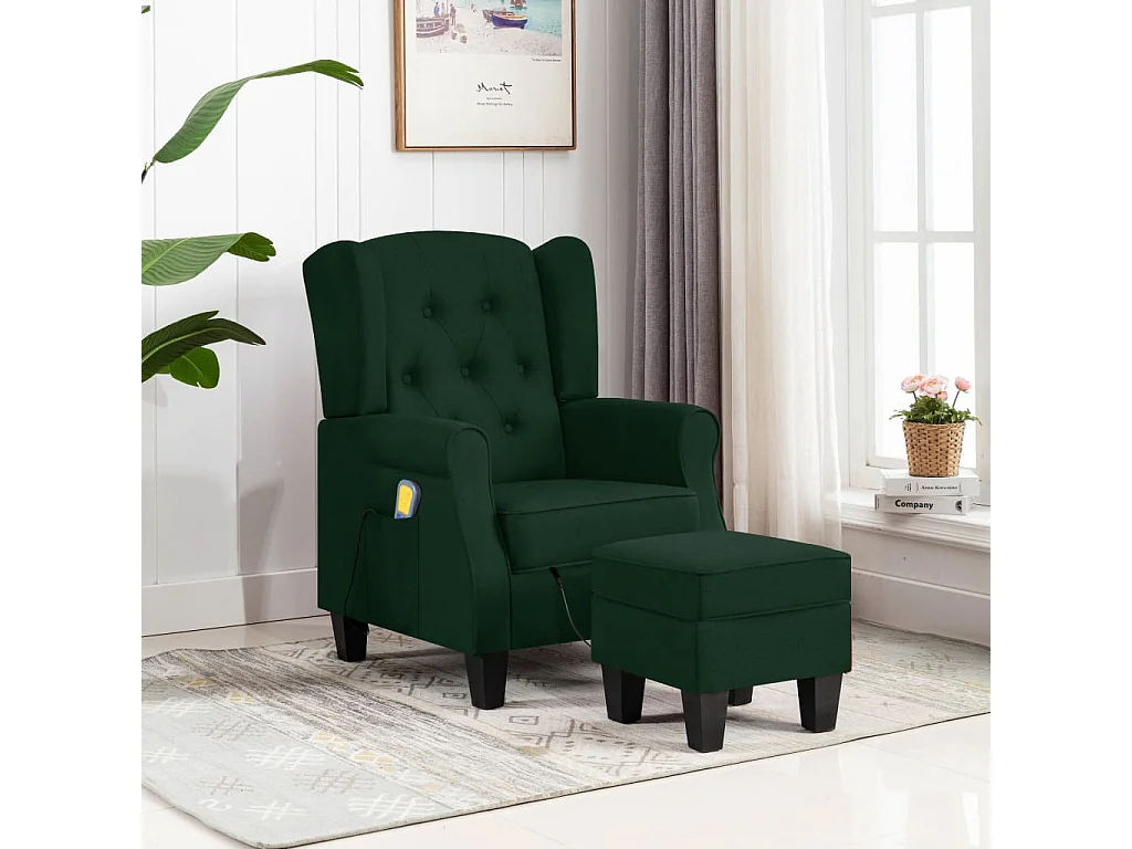 Fauteuil de massage avec repose-pied vert foncé tissu