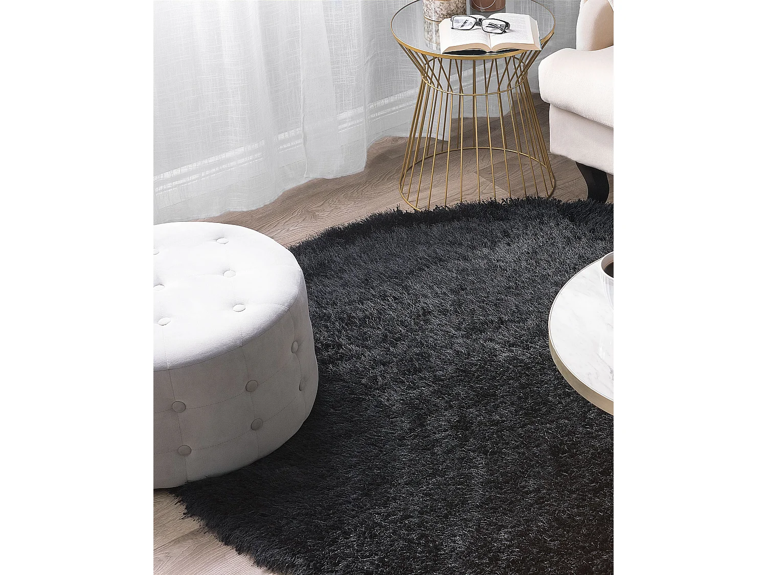 Eleganter schwarzer Teppich aus Polyester Hochflor Teppich ⌀ 140 cm Cide