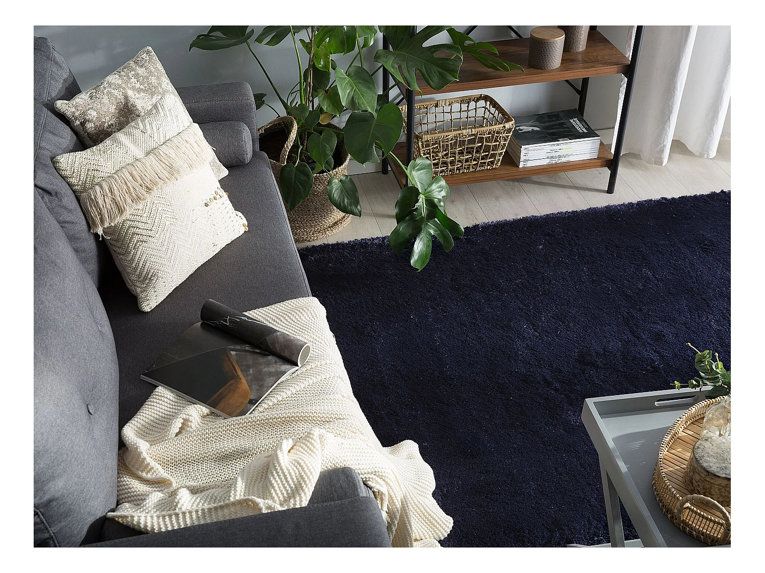 Tapis à poils longs EVREN Bleu foncé 200 x 200 cm