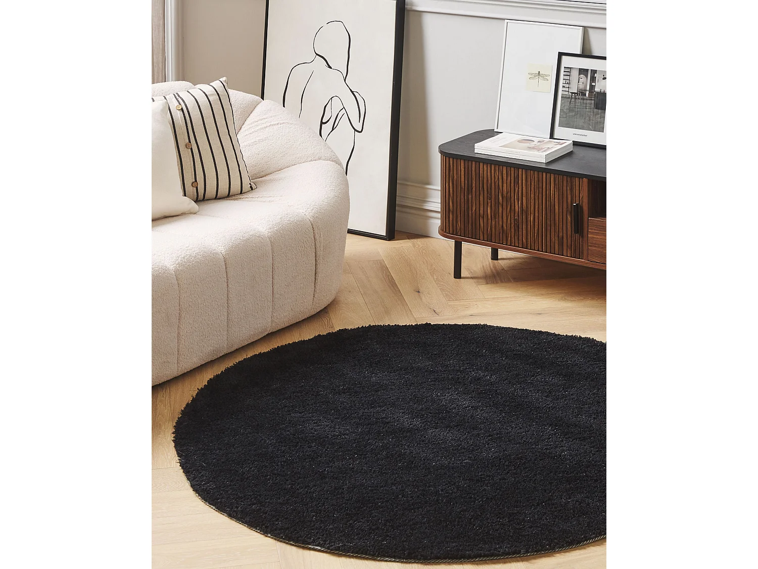 Läufer Teppich rund ⌀ 140 cm schwarz getuftet Shaggy Hochflor Modern Demre