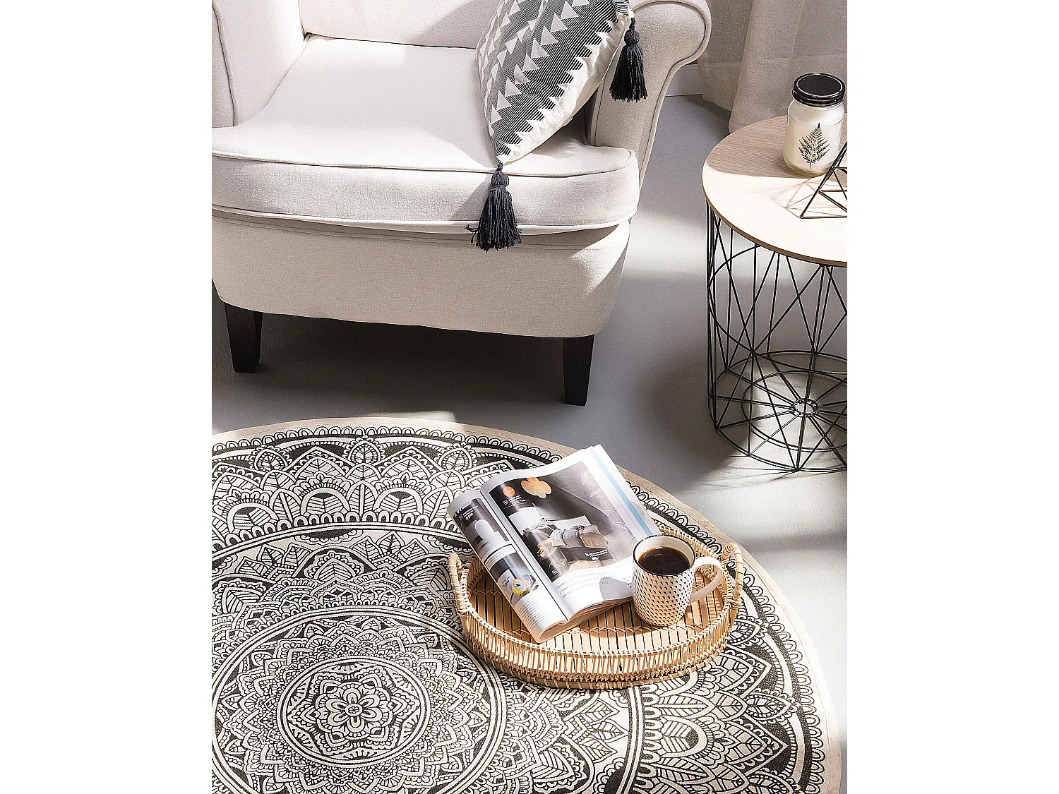 Vloerkleed katoen zwart/crème ø120 cm HIZAN