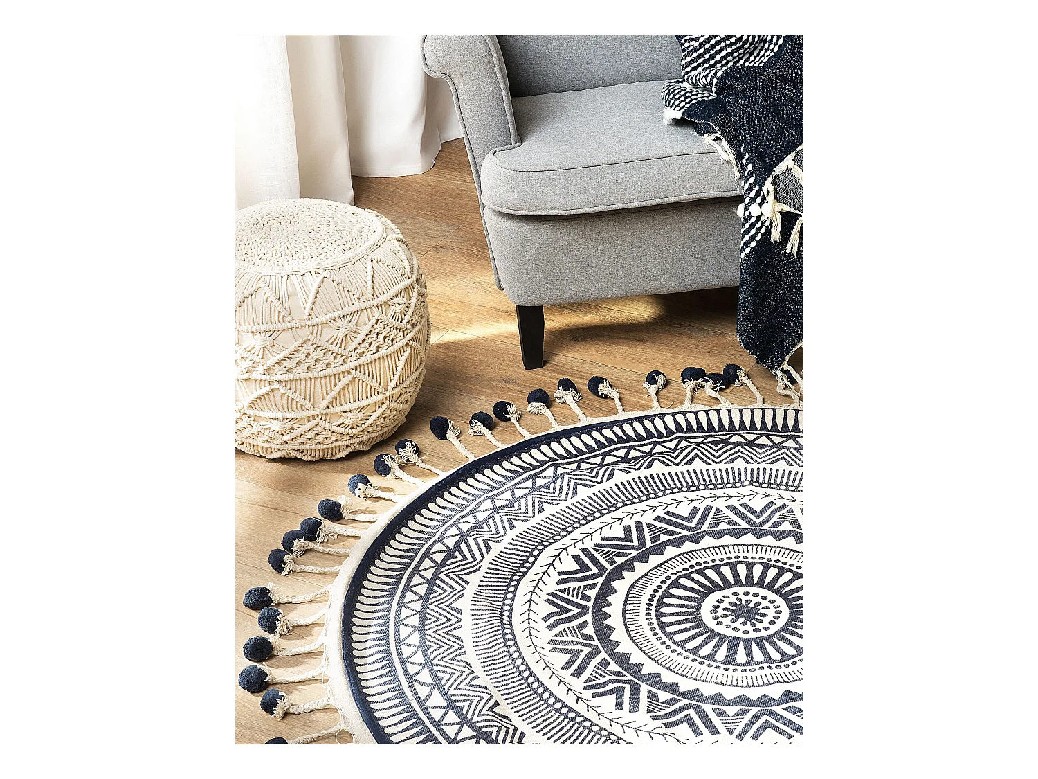 Tappeto tondo in cotone blu navy/crema con frangette ø 120 TATVAN