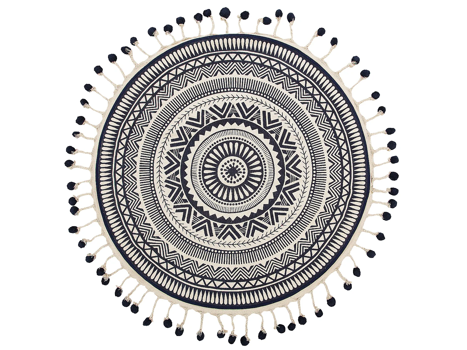 Tapis rond 120 cm à franges blanc crème et bleu foncé TATVAN