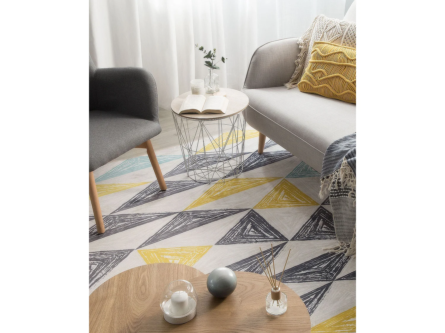 Teppich grau-gelb-mintgrün 160 x 230 cm Dreieckmuster Kurzflor KALEN