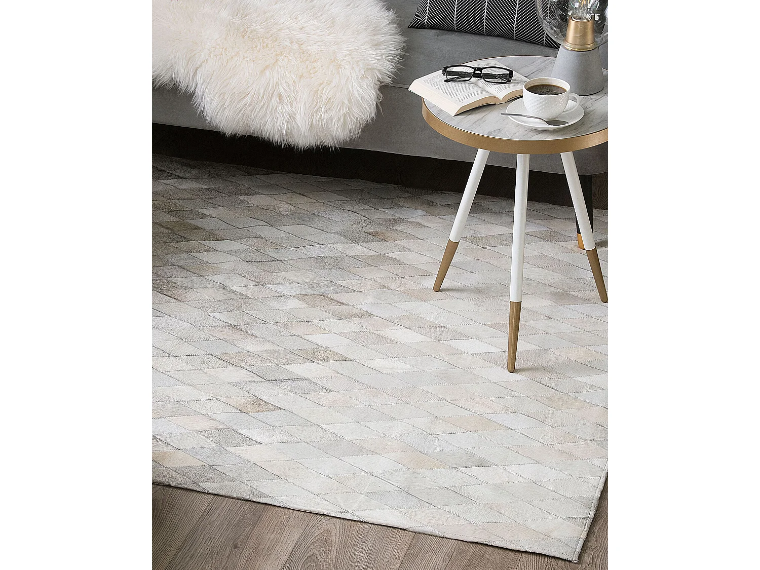 Teppich Leder Weiß Beige Braun Modern 160x230 cm Lederteppich Maldan