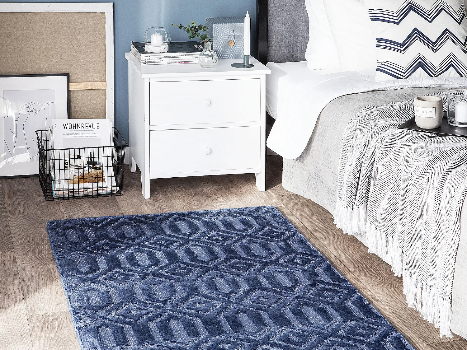 Teppich marineblau 80 x 150 cm geometrisches Muster Kurzflor ADATEPE