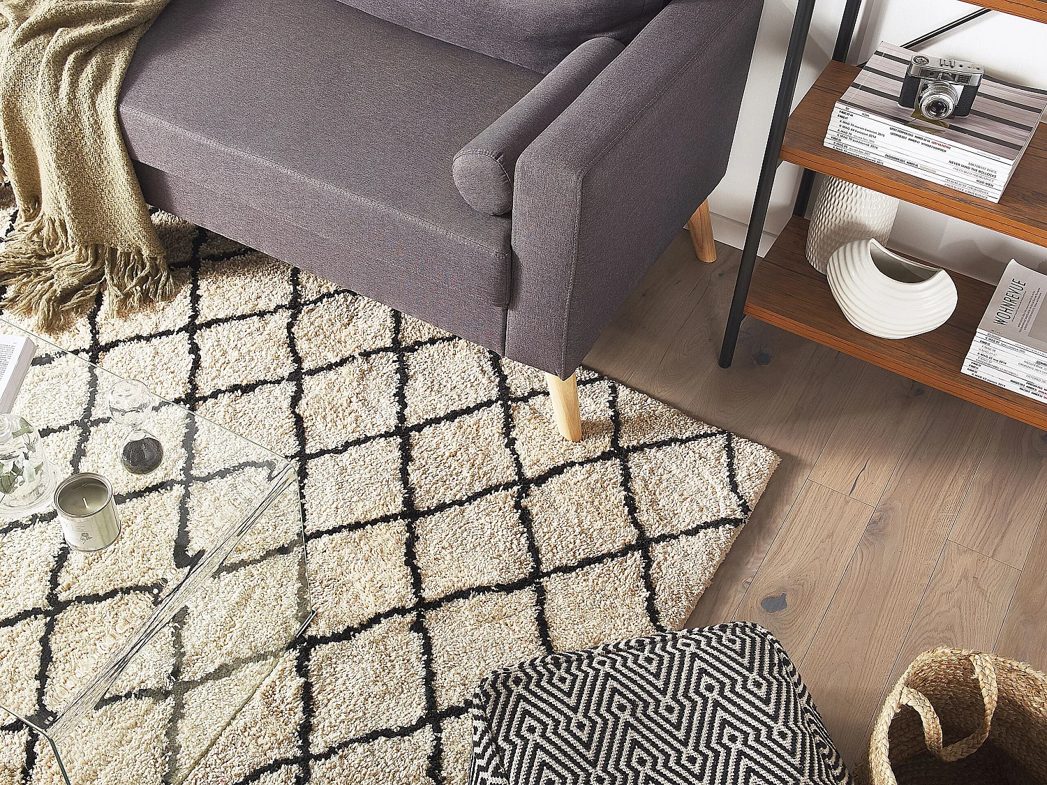 Teppich Stoff beige / schwarz rechteckig 200x200 cm geometrisches Muster Midyat