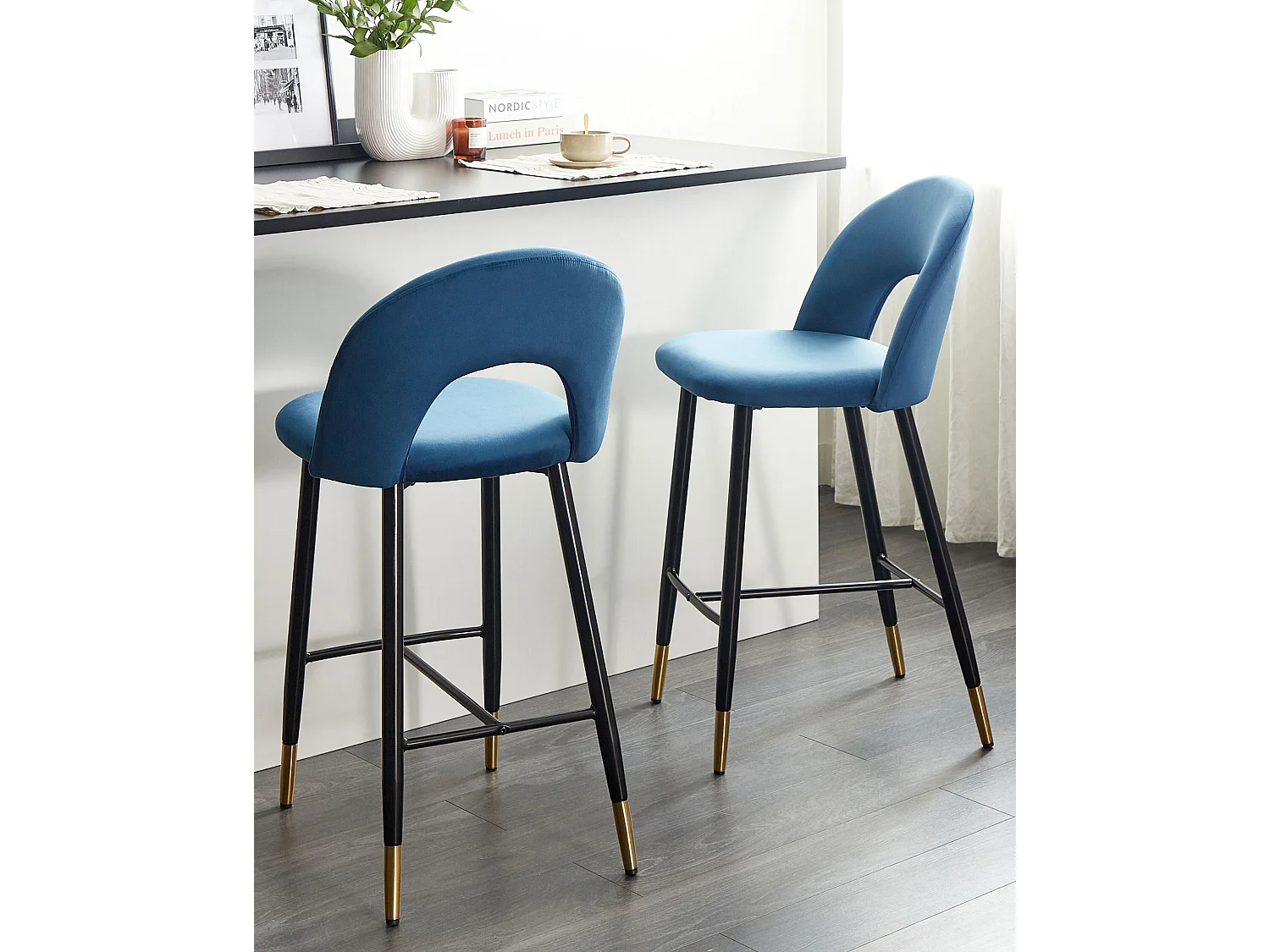 Lot de 2 chaises de bar FALTON Velours Bleu