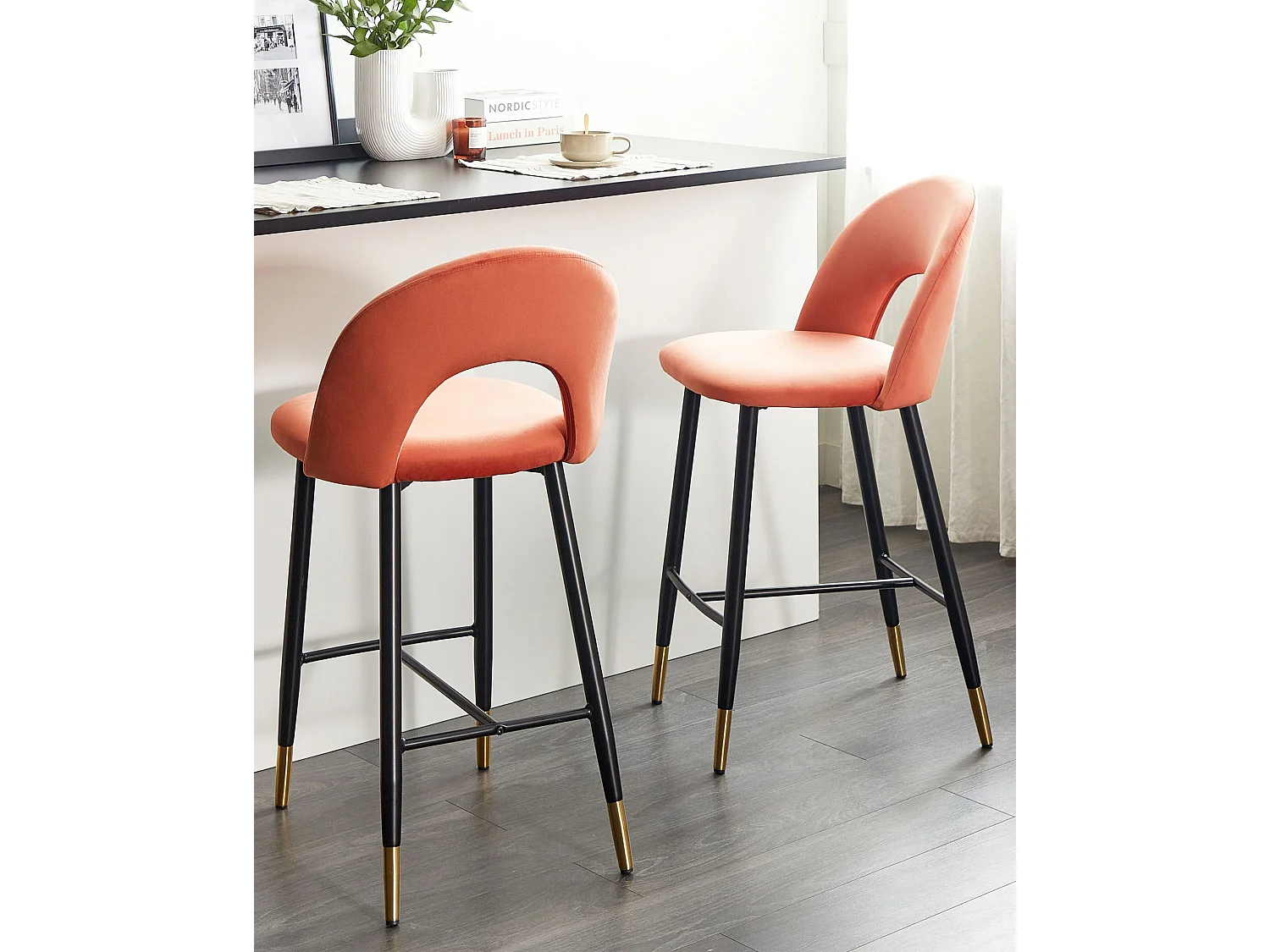 Lot de 2 chaises de bar FALTON Velours Corail