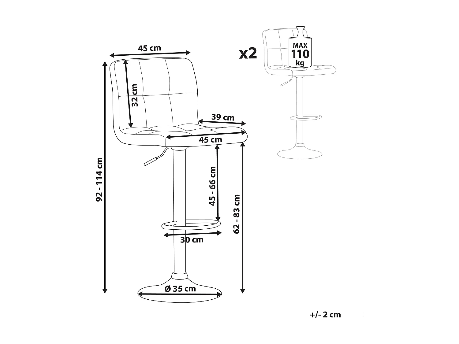 Lot de 2 chaises de bar MARION Gris clair