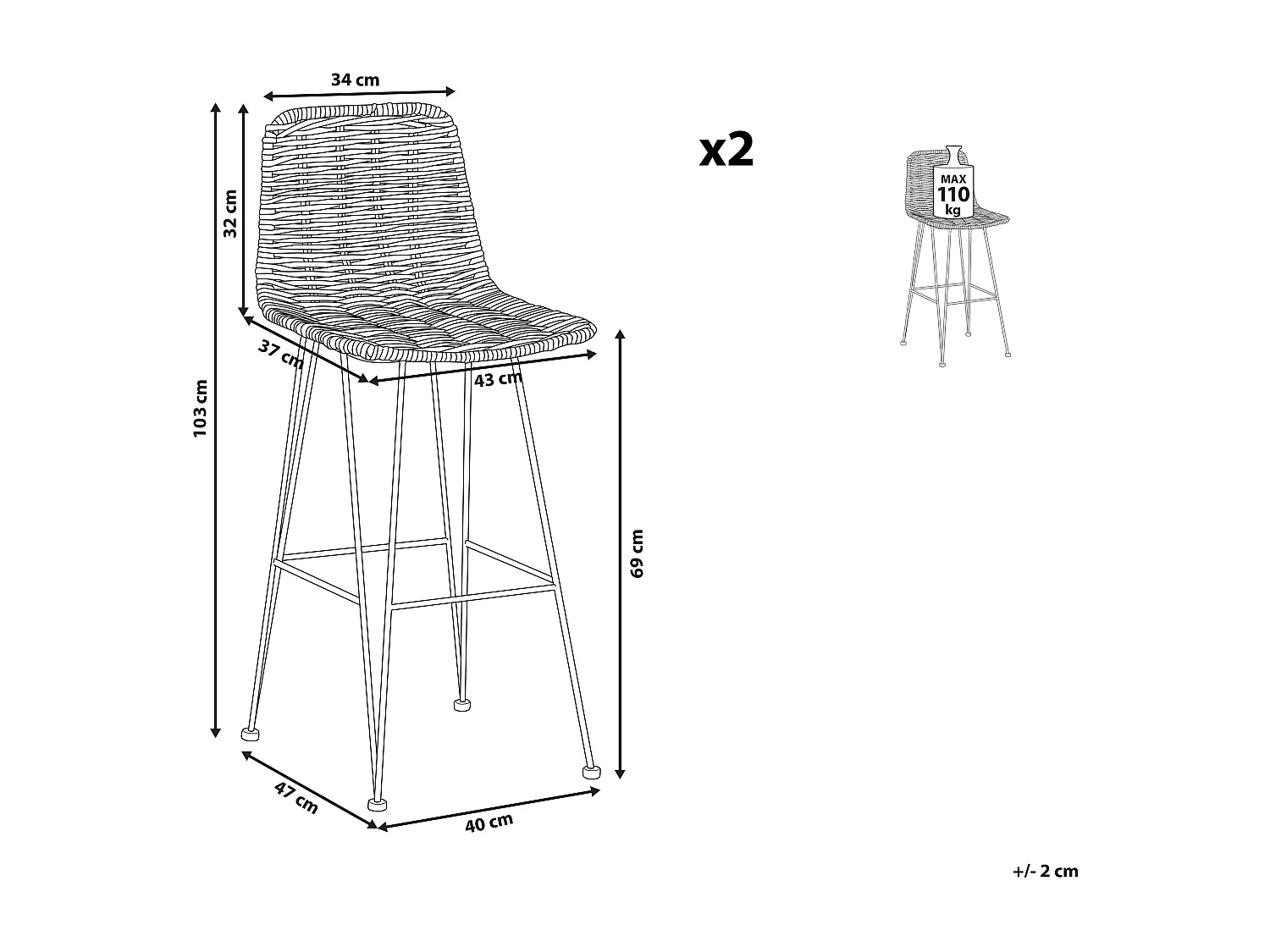 Lot de 2 chaises de bar CASSITA Rotin Naturel