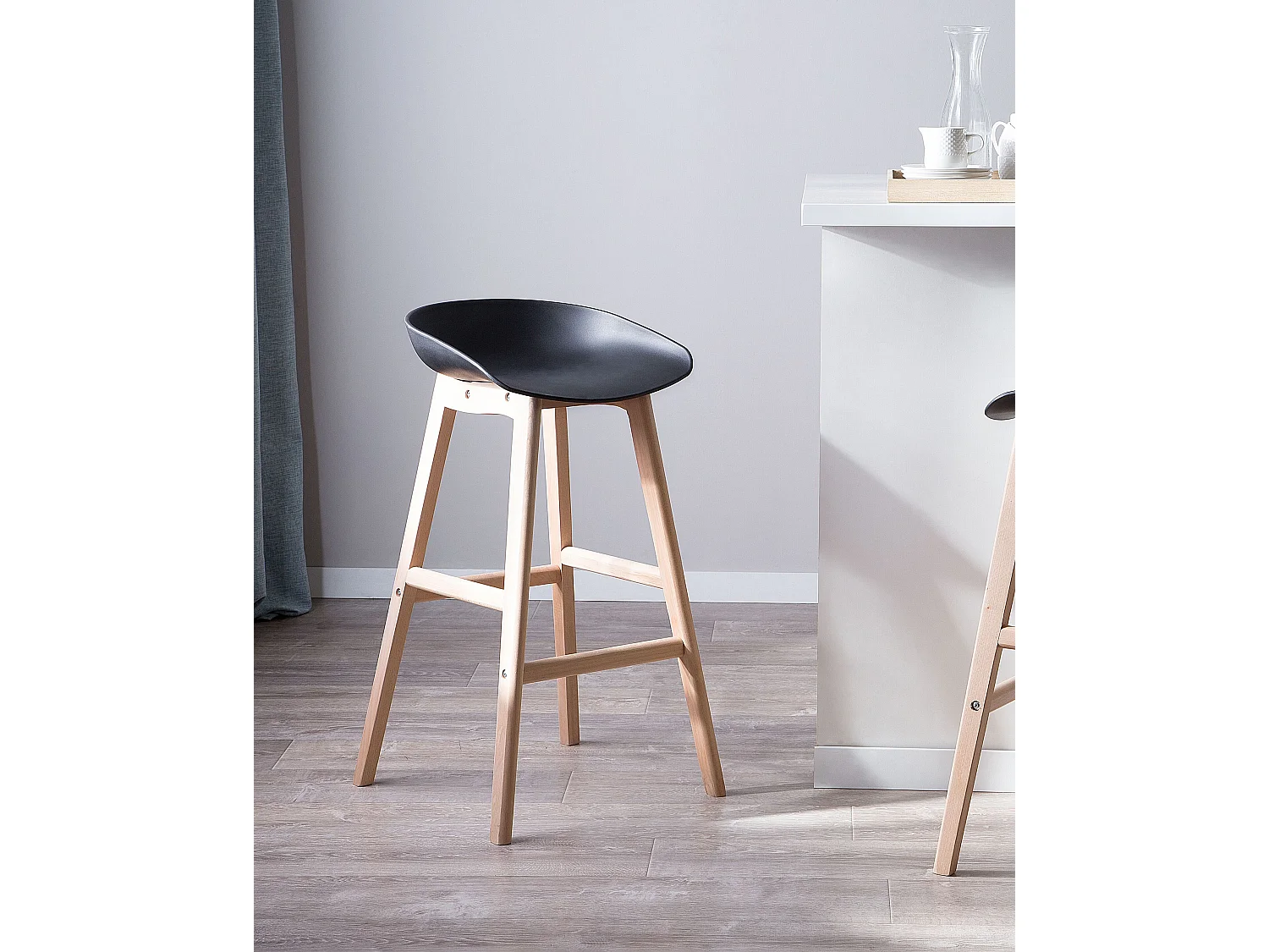 Barstuhl 2er Set schwarz mit Holzbeinen Fußstütze Sitzhöhe 72 cm Micco