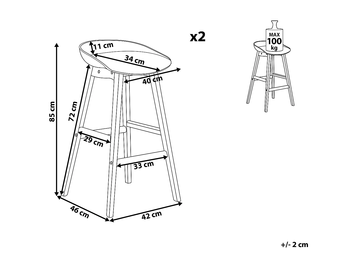 Barstuhl 2er Set schwarz mit Holzbeinen Fußstütze Sitzhöhe 72 cm Micco