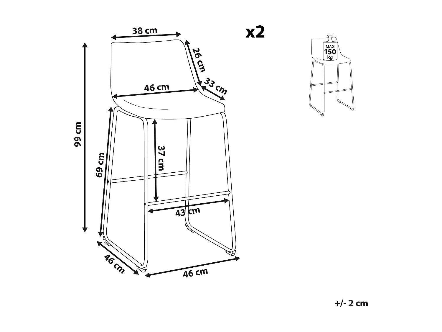Zestaw 2 krzeseł barowych FRANKS Szary