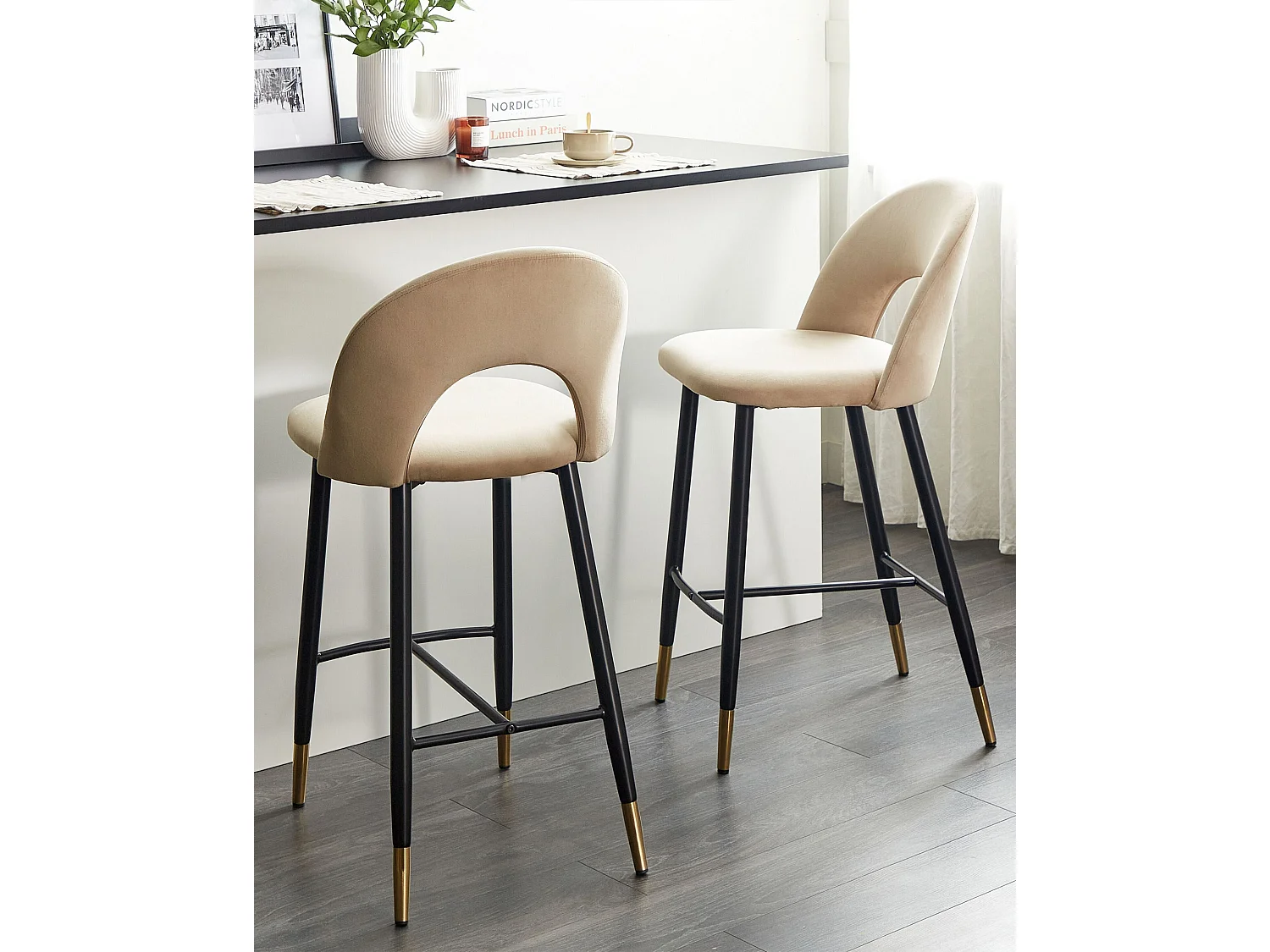 Lot de 2 chaises de bar FALTON Velours Beige