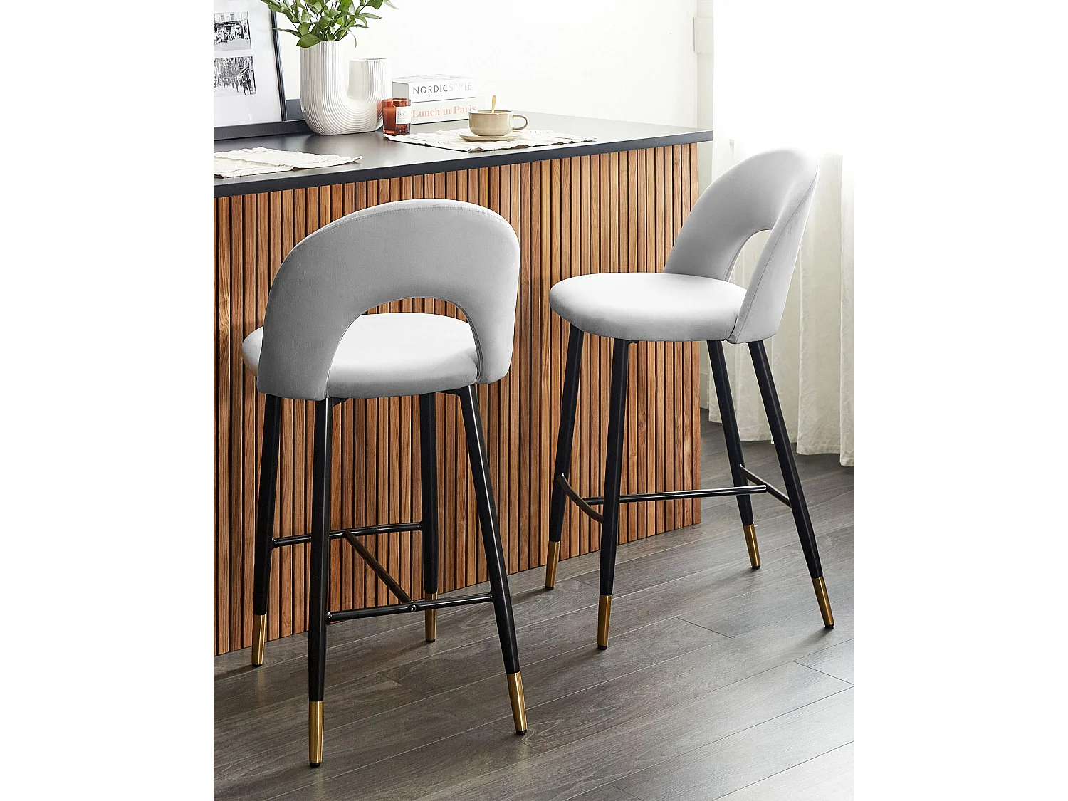Barstuhl 2er Set Samt grau mit Metallbeinen schwarz / gold Falton