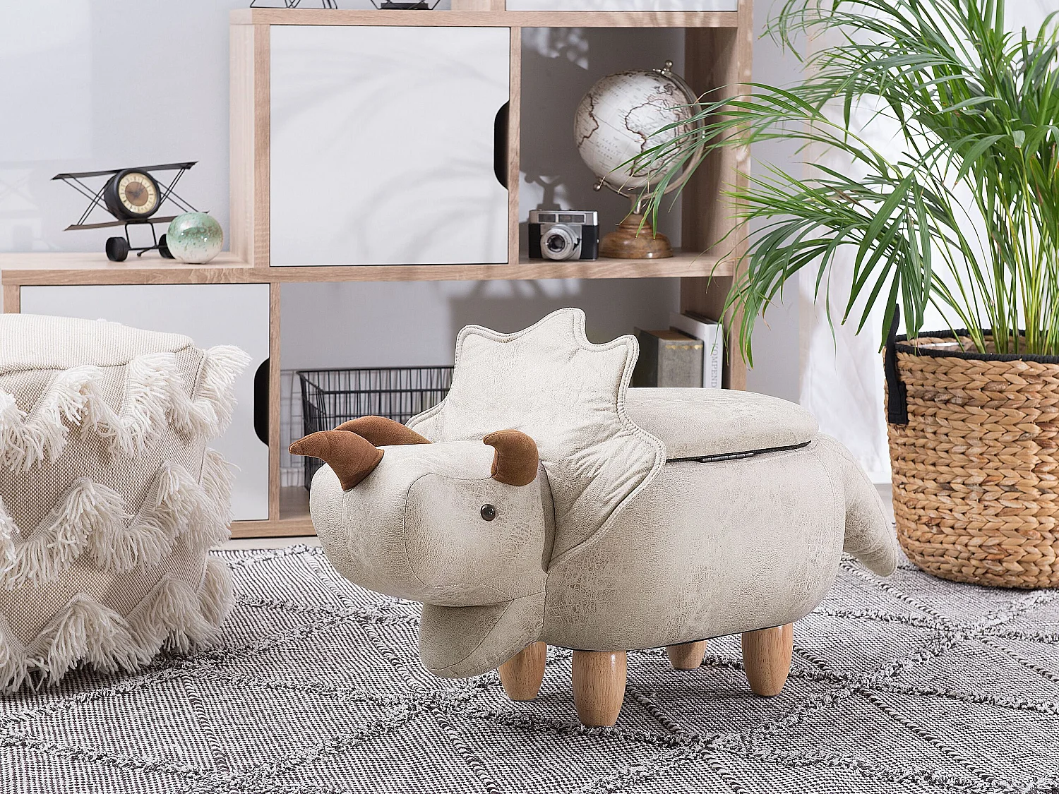 Tabouret de rangement animal TRICERATOPS Tissu Gris clair